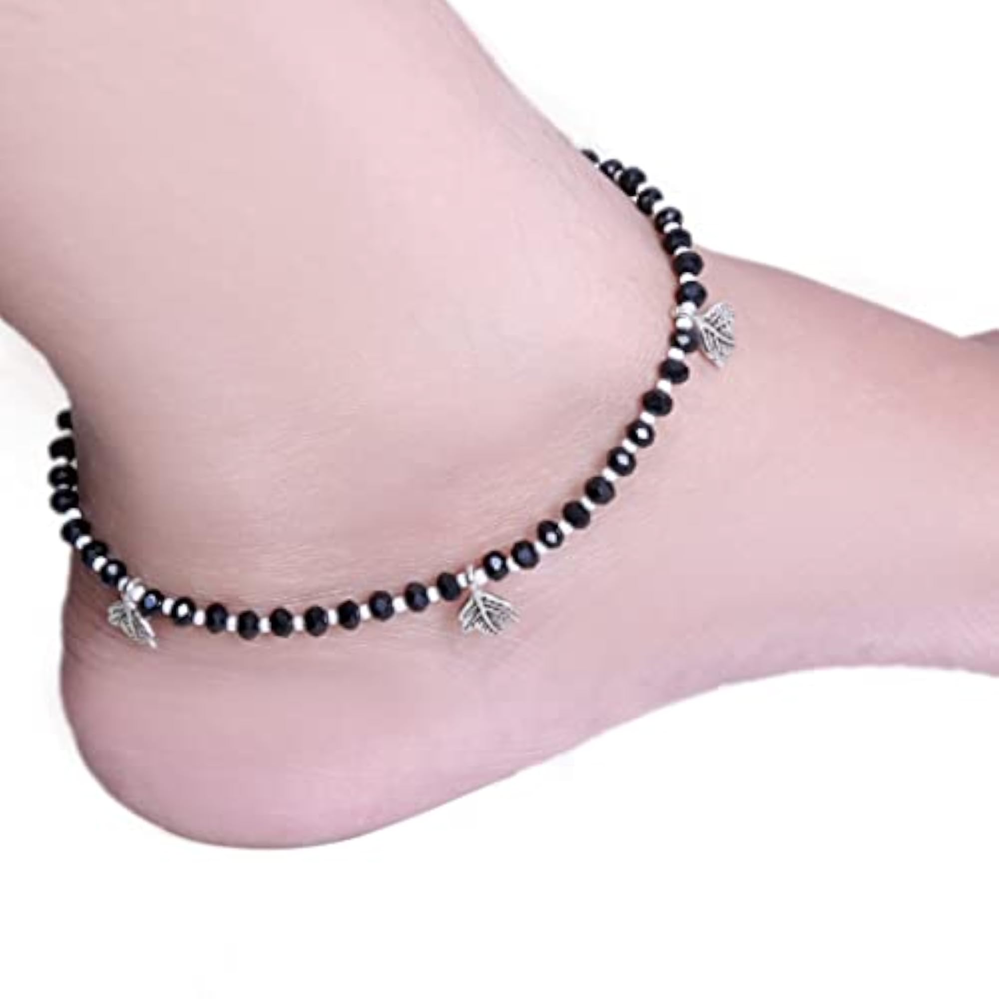 Women's Handmade Silver Glossy Black Beads Chain Anklet